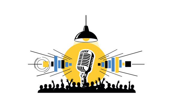retro style black and white stage microphone under a hanging light with audience silhouettes, microphone cut out with white contour outline, bold yellow circle