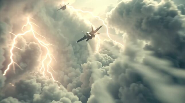 3D aerial combat scene futuristic jet fighters maneuvering stormy clouds, lightning flashes aircraft, cinematic camera sweeps, motion blur, dynamic perspective, realistic jet textures contrails