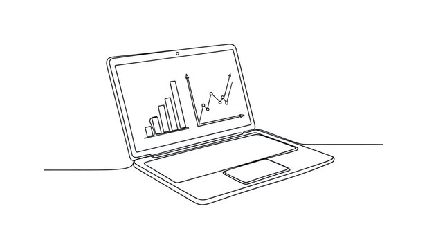 Laptop Data Dashboard. Minimalistic one-line drawing laptop showing bar chart and line graph on screen symbolizing analytics interface, continuous single black