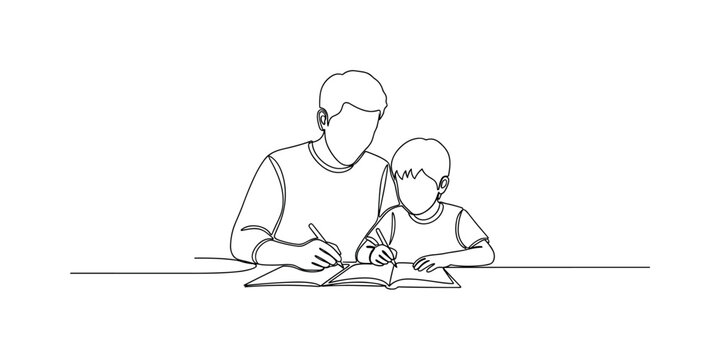 Helping Children with Homework. Minimalistic one-line drawing parent sitting beside a child at a desk helping with homework, continuous single black line on