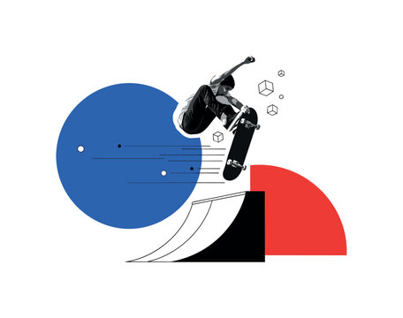 skateboarder executing a high backflip above an abstract ramp, black and white cut-out subject with white contour outline, bold blue circle and red semicircle