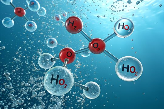 Detailed three dimensional visualization of a complex ozone molecule reacting within a dynamic underwater environment featuring many bubbles