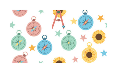 Fototapeta premium cute compass icons seamless pattern, repeating pattern, surface design, textile print, soft color palette, modern illustration, flat vector playful compass