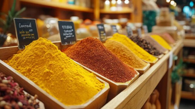 A close-up view of a spice market, showcasing vibrant piles of various spices in wooden trays