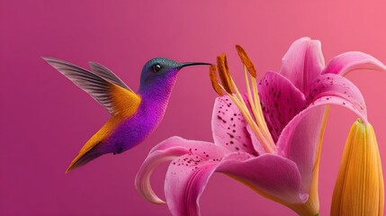 Fototapeta premium In a soft, pastel setting, a stunning hummingbird flutters near a bright pink lily. Its vivid colors contrast beautifully with the flower’s delicate petals, creating a magical scene.