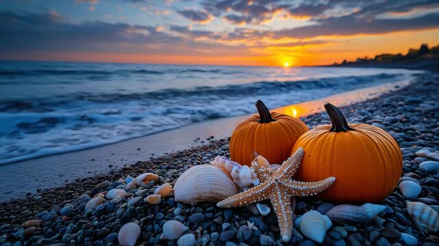 Two orange gourds rest with seashells and a starfish on a pebble beach, ocean sunset