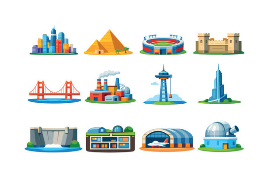 Massive structures. Colorful flat vector icons set of Massive structures: megacity skyline, colossal pyramid, giant stadium, massive fortress wall, suspension