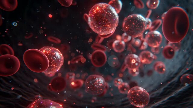3D microscopic animation nanobots delivering targeted drugs cancer cells inside human bloodstream. Glowing nanoparticles moving veins, realistic blood plasma environment, interaction cell membranes
