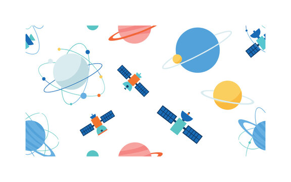 space satellites and planets seamless pattern, repeating pattern, surface design, textile print, soft color palette, modern illustration, flat vector