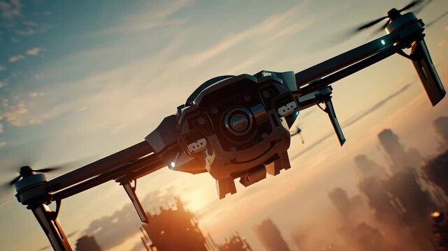 Futuristic military drones flying tight formation ruined urban city sunrise, cinematic aerial tracking shot, dust clouds, abandoned skyscrapers, realistic metallic textures, dynamic lighting, high-res