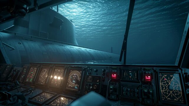 Modern stealth submarine navigating deep ocean, sonar waves glowing dark water, close-up of high-tech control panels reflections, tactical operation atmosphere, dramatic volumetric lighting, realistic