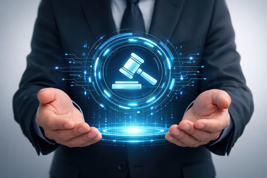 Digital Law's Embrace: A symbol of law and order, a professional figure presents a digital gavel hovering above hands, highlighting modern legal concepts.