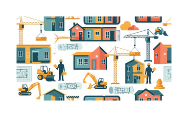 Obraz premium modular urban homes seamless pattern, prefabricated housing units, workers, cranes, construction vehicles and blueprints arranged in a repeating pattern, white
