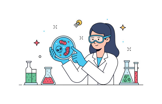 A scientist holding a petri dish with glowing alien microbes in a lab setting, highlighting discovery, experimentation, and the concept of extraterrestrial