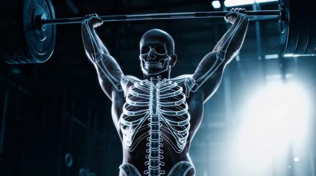Biomechanics of weightlifting with skeleton overlay in a gym
