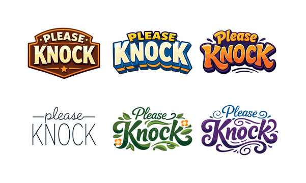 Please Knock. Set lettering. harmonious lettering variations of the same emblematic concept, each with different artistic interpretation (Retro vintage badge