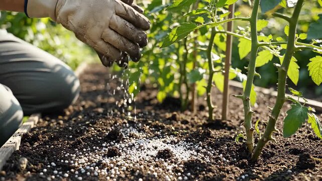 Close-up of a gardener applying white fertilizer granules to tomato plants. Gloved hands sprinkling nutrients onto the dark soil in an outdoor garden. Plant care and agriculture concept
