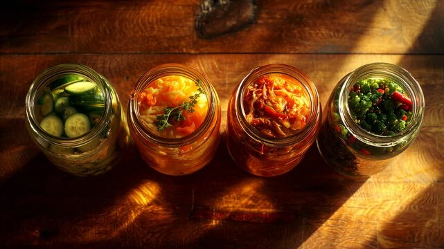 Top-down macro shot kitchen table with jars cabbage, cucumbers, carrots chili peppers. Time-lapse fermentation process bubbles form, colors deepen textures change kimchi, sauerkraut pickles. Probiotic