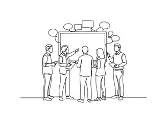 Fototapeta premium Modern Office Brainstorming. Minimalistic one-line drawing group of coworkers standing near a board sharing ideas during a meeting, continuous single black