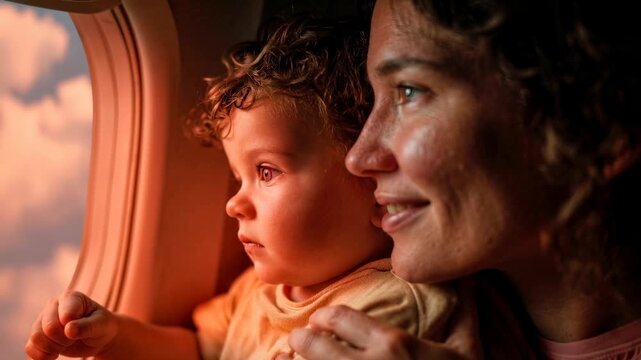 Young mother and child looking through airplane window bathed in soft golden light enjoying peaceful travel moment above the clouds during family flight