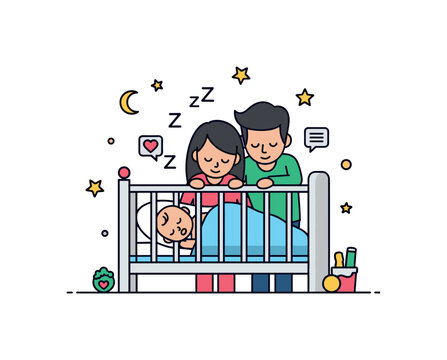 Parents checking on sleeping baby quiet nursery scene with a baby sleeping in a crib while parents gently peek inside with small heart and star icons