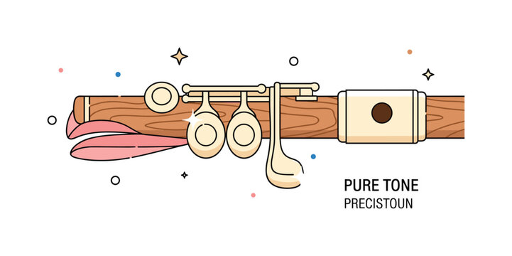 Woodwind instrument detail showing flute headjoint and lip plate with gentle shine highlights. Clean geometric layout and a compact ?Pure Tone? text detail