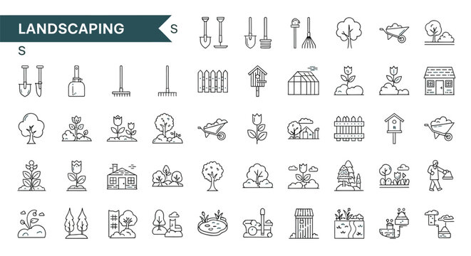Gardening and landscaping tools plants and structures in linear icons
