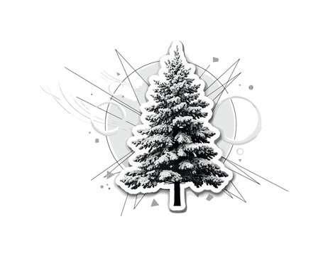 black and white pine tree covered with frost crystals, realistic cut-out tree with white outline, abstract circular snow halos and thin geometric lines
