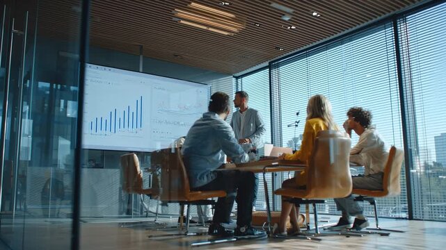Innovative startup pitch meeting sleek venture capital office, young entrepreneur presenting disruptive technology concept venture capital investors seated modern conference table, large presentation