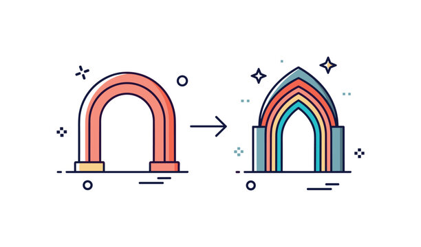 Transition from Romanesque to Gothic architecture illustrated by two adjacent arch shapes, one rounded and one pointed, connected by a subtle arrow accent. The