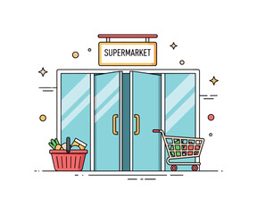 Supermarket entrance scene featuring glass doors opening beneath a simple store sign while a basket and shopping cart rest beside the doorway. Welcoming retail