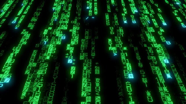 Futuristic Array of Numbers Animating Through frame. Neon Green Technology Background. Seamless Loop.
