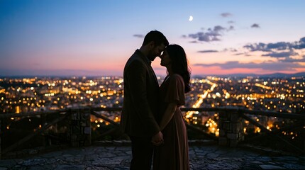 Fototapeta premium Romantic couple embracing with city skyline at twilight