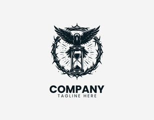 Fototapeta premium Raven with hourglass and thorn circle black vector logo illustration isolated on white background
