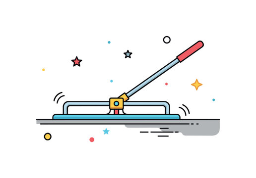 Concrete floor leveling process depicted by a long screed tool drawn across a smooth surface, symbolizing precision and even distribution. The badge-style