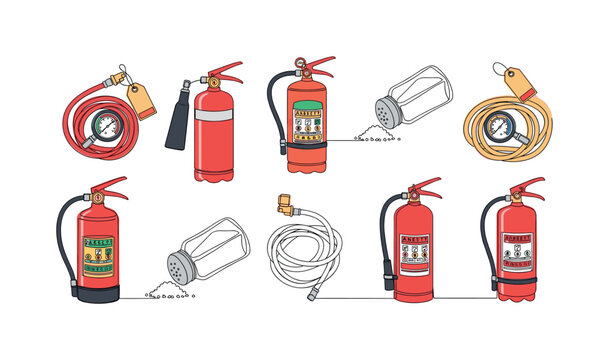 portable fire extinguishers collection seamless pattern, different extinguisher types hoses gauges and safety tags arranged in a repeating pattern, white