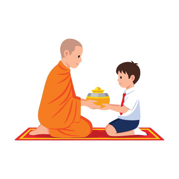 Buddhist monk presenting an offering to a young student during a lesson.