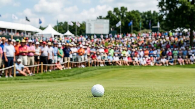 Golf ball on green with crowd in background at tournament. Golfing hobby and professional sport competition. Spectator watching game on golf course. Active lifestyle and leisure activity.