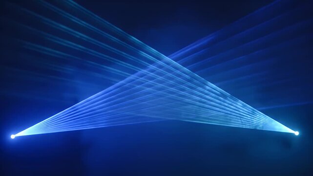 Two beams of light cross, forming a triangle. The scene is blue with bright spotlights