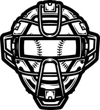Baseball Catcher Mask, Black and White Vector, Sports Equipment, Protective Gear
