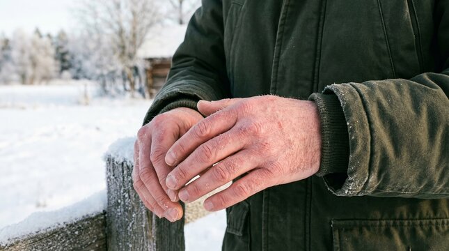 Man warming red chapped hands outdoors in winter. Farmer standing by snowy fence in cold weather. Skin care and health concept. Protection from frostbite and dry cracked skin condition.