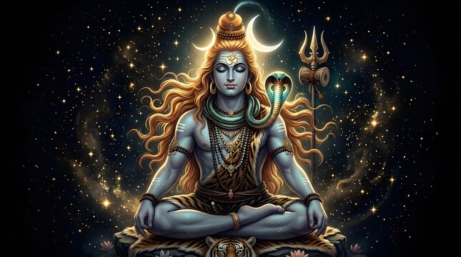 Illustration of Lord Shiva in Meditation with Cosmic Background