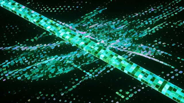 Glossy green mosaic ribbon crossing luminous particle stream neon mosaic ribbon cross digital particles flowing space glowing turquoise purple abstract motion energy glowing green mosaic ribbon