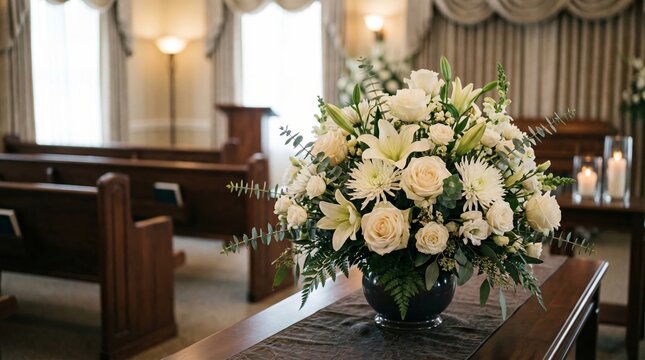 White flower bouquet in vase inside funeral home. Floral arrangement on table for memorial service. Religious gathering place for bereavement and mourning. Elegant decor for final tribute.