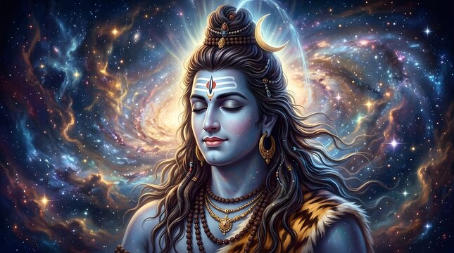 Divine depiction of Lord Shiva meditating amidst cosmic galaxy