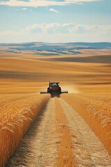 Fototapeta premium Expansive golden wheat field with a tractor harvesting under a bright blue sky on a sunny day.
