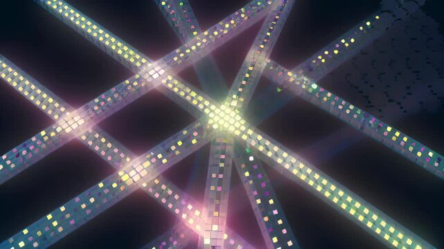 Glowing green LED strip light network crossing in abstract geometric pattern creating futuristic luminous mosaic of glowing intersecting light strips and radiant luminous grid