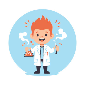 Excited young scientist conducting experiments with lab equipment and chemical reactions