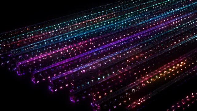 Colorful led light strip array glowing diagonal rows with vibrant magenta orange green highlights creating festive abstract pattern and warm mood glowing fiber optic cable strands green blue light
