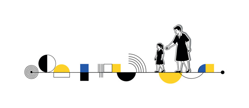 teacher guiding student along geometric path line abstract circles semicircles lines and geometric blocks symbolizing educational guidance black and white
